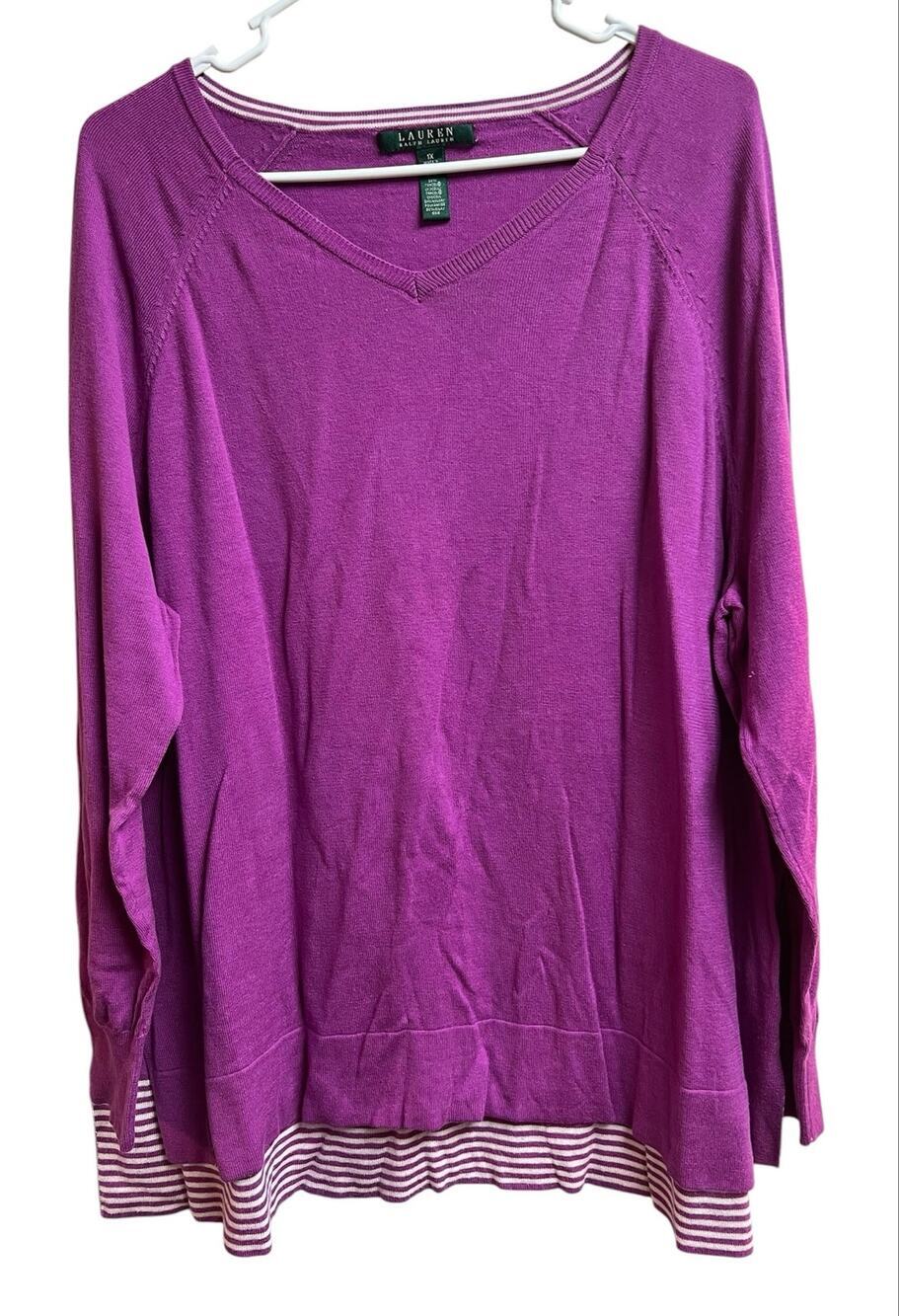Lauren Ralph Lauren Purple V-Neck Sweater Striped Inside Trim 1X